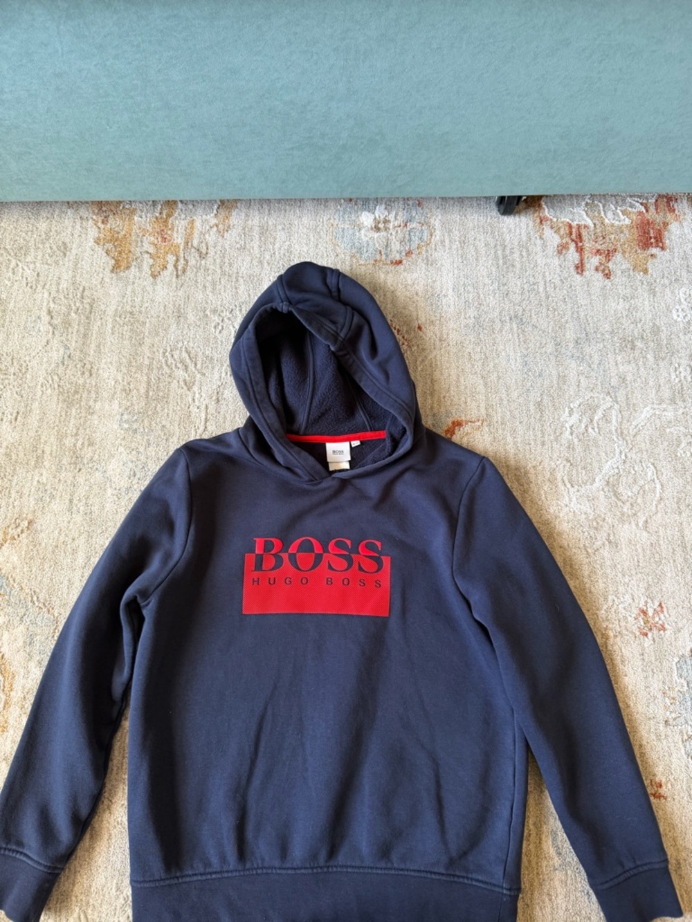 Hugo Boss Navy Pullover Hoodie with Red Logo Panel